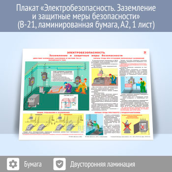 Плакат «Электробезопасность. Заземление и защитные меры безопасности» (В-21, ламинированная бумага, А2, 1 лист)